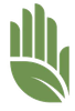 Mano stilizzata verde a forma di foglia, logo ecologico su sfondo bianco