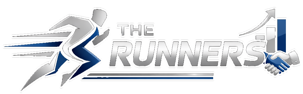 A silver and blue logo of a person running toward a handshake, with the text "THE RUNNERS" underneath.