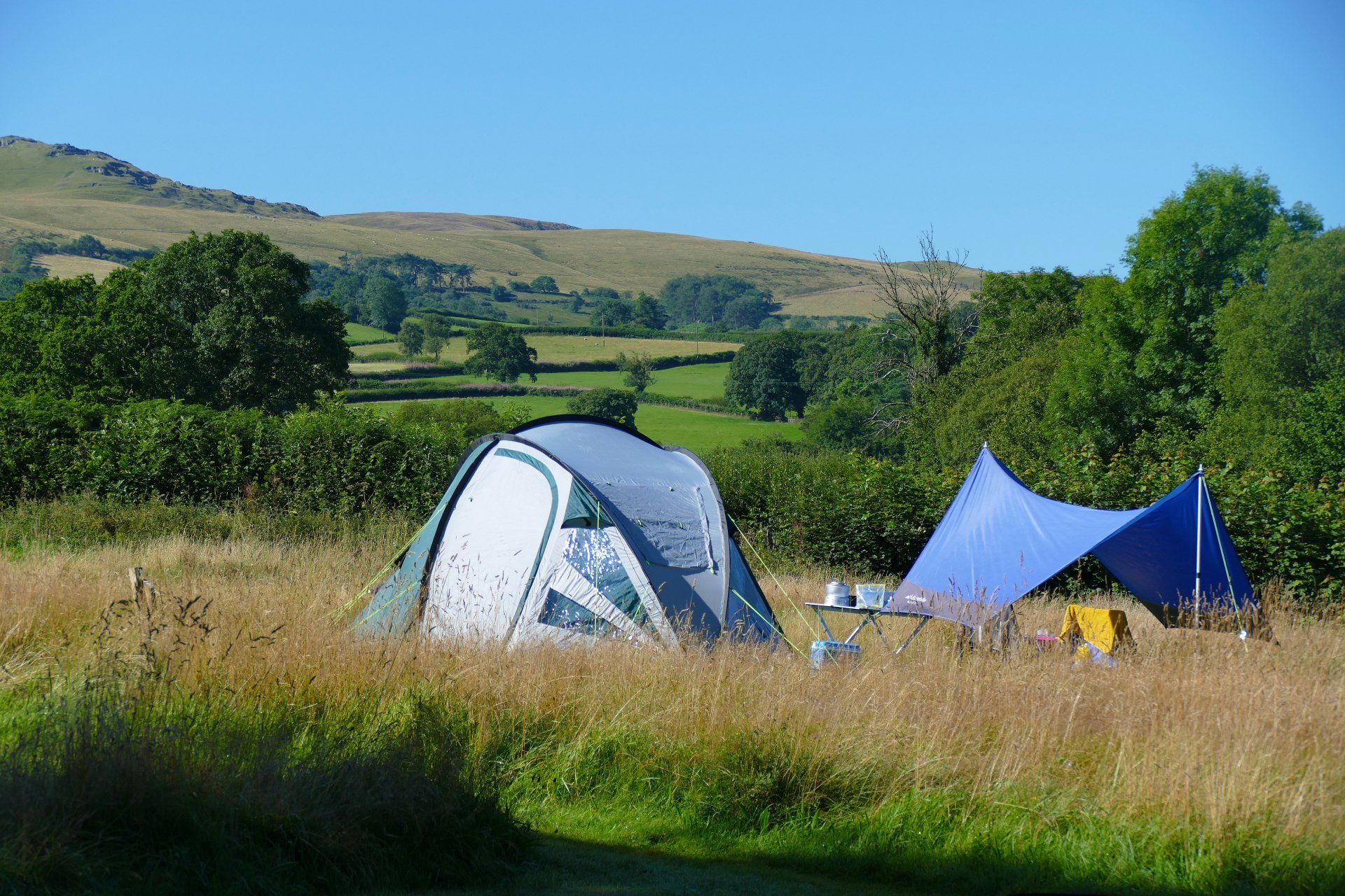 Two tents are sitting in a grassy field with mountains in the background.