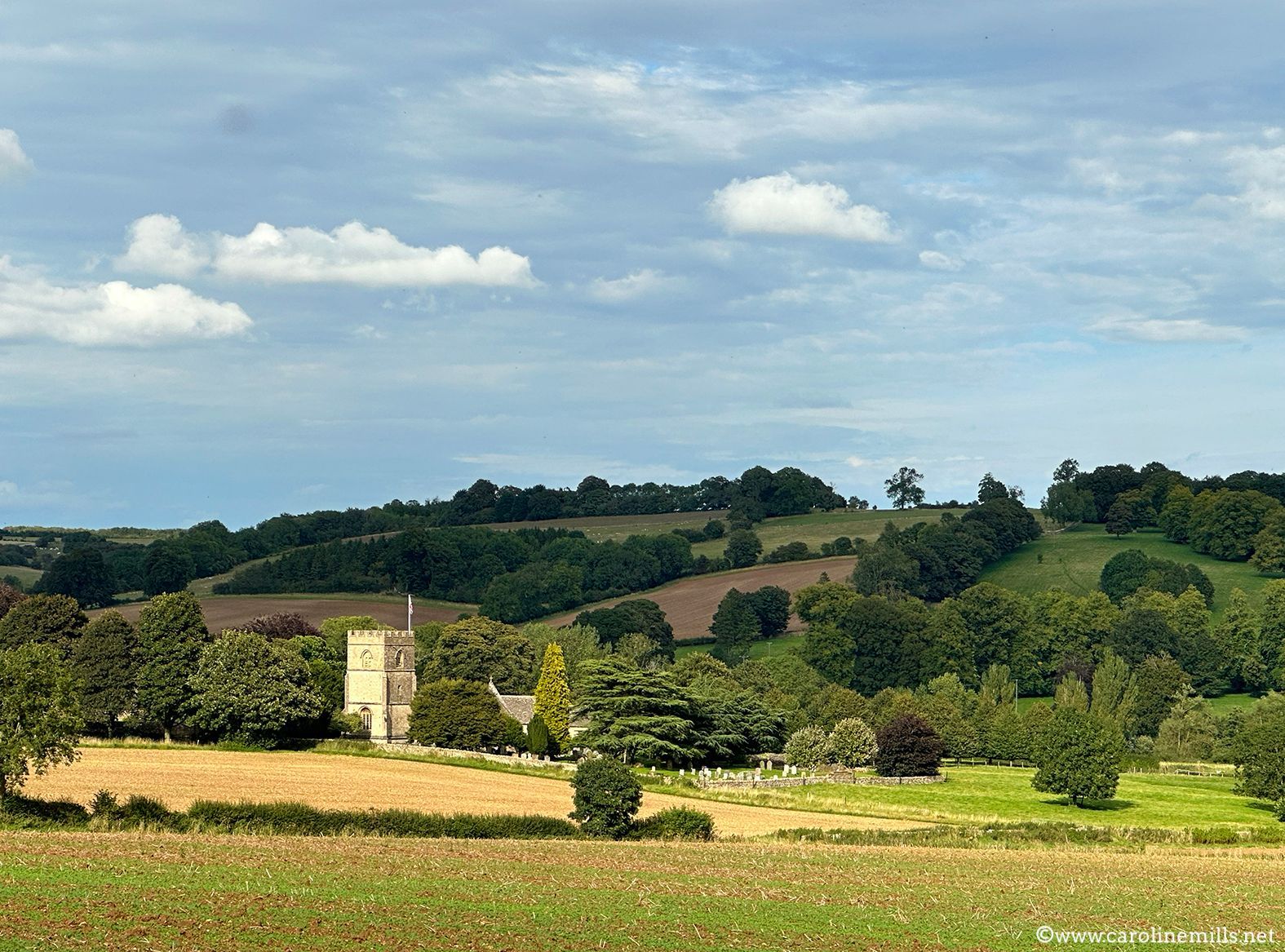 A landscape of a field with trees and hills in the background