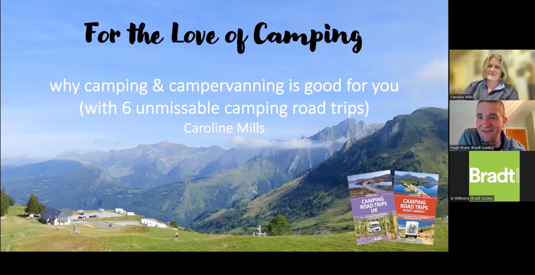 A man and a woman are on a video call with the words for the love of camping at the top