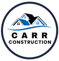 CARR Construction logo with blue house roofs inside a navy circle