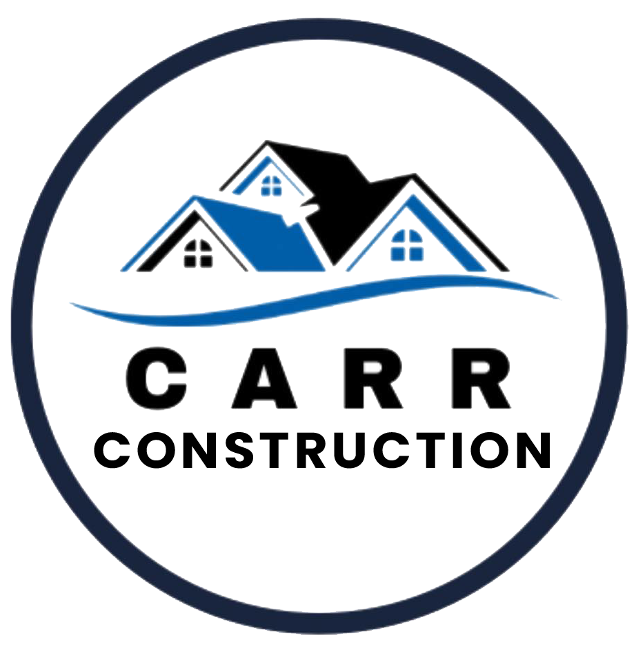 CARR Construction logo with blue house roofs inside a navy circle