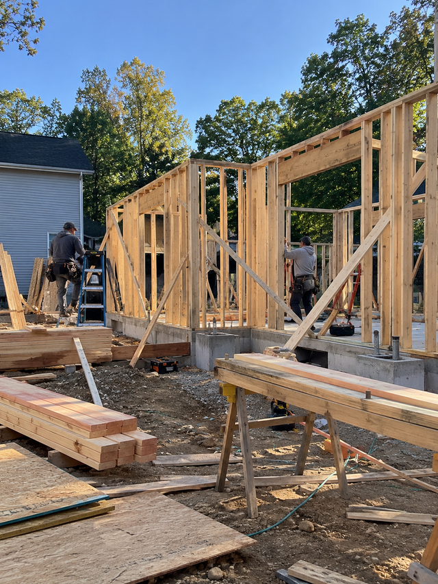 Framed house under construction with workers, lumber, and scaffolding in a dirt yard