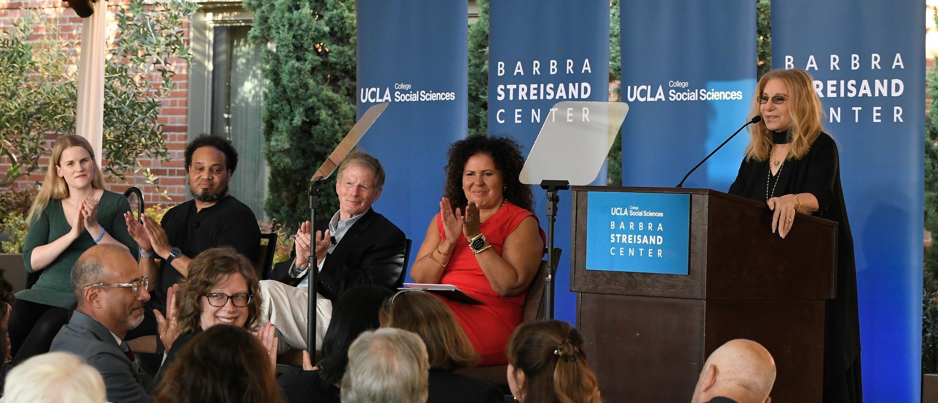 Frances Haugen, André Brock, Stuart Stevens, Safiya Noble and Barbra Streisand at the Sept. 12 event. PHOTO:  Vince Bucci