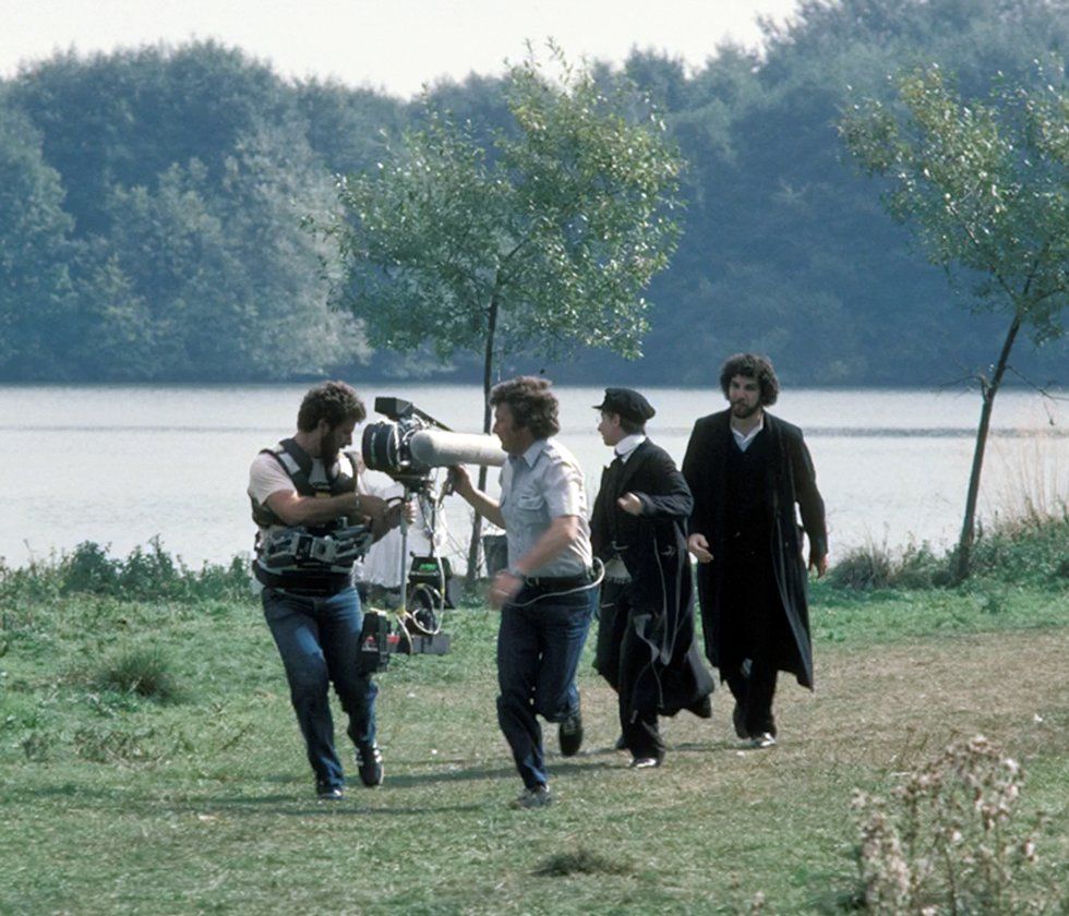 Steadycam operators on location filming Streisand in Yentl.