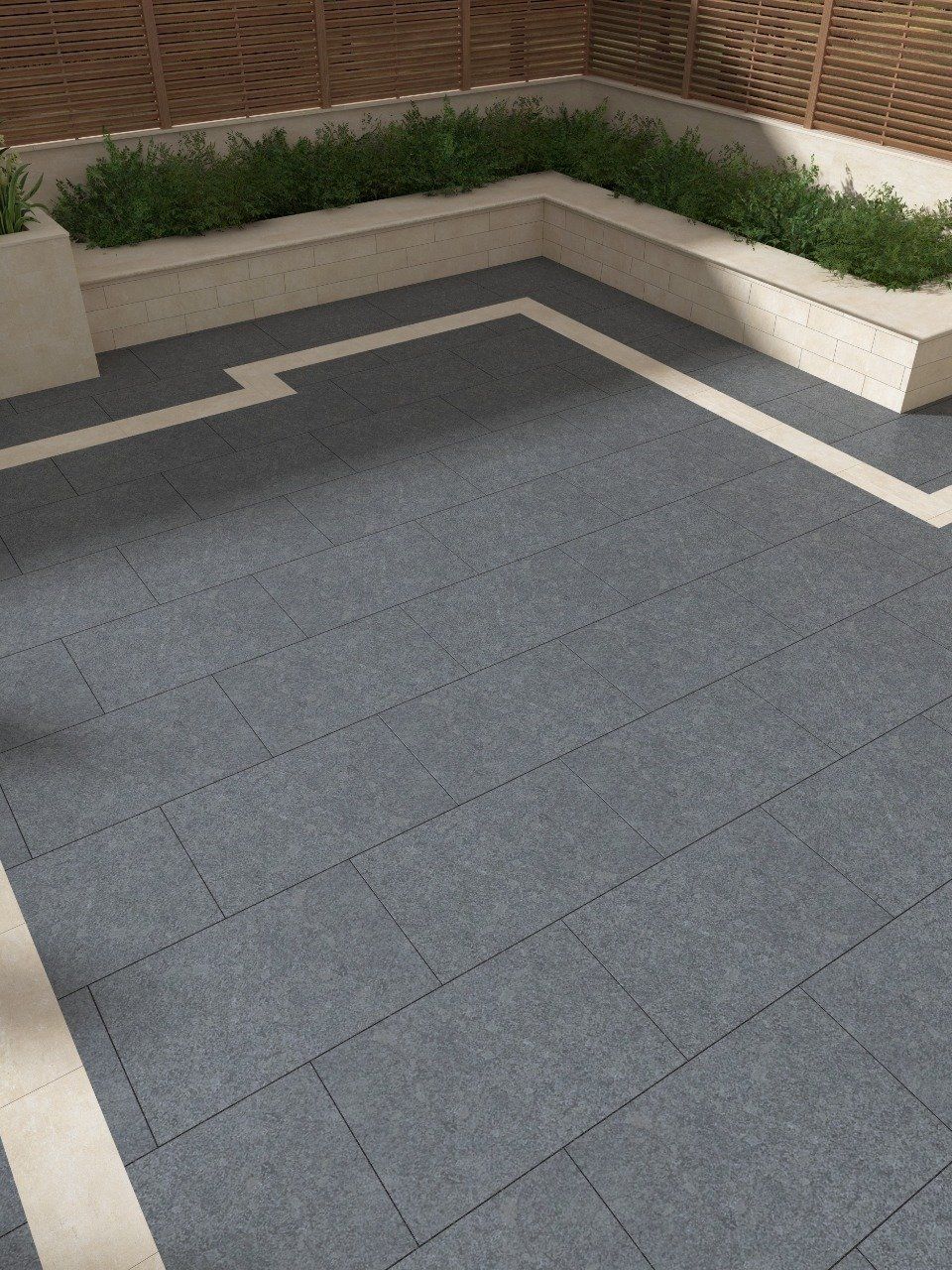 dark granite paving with a light inside border