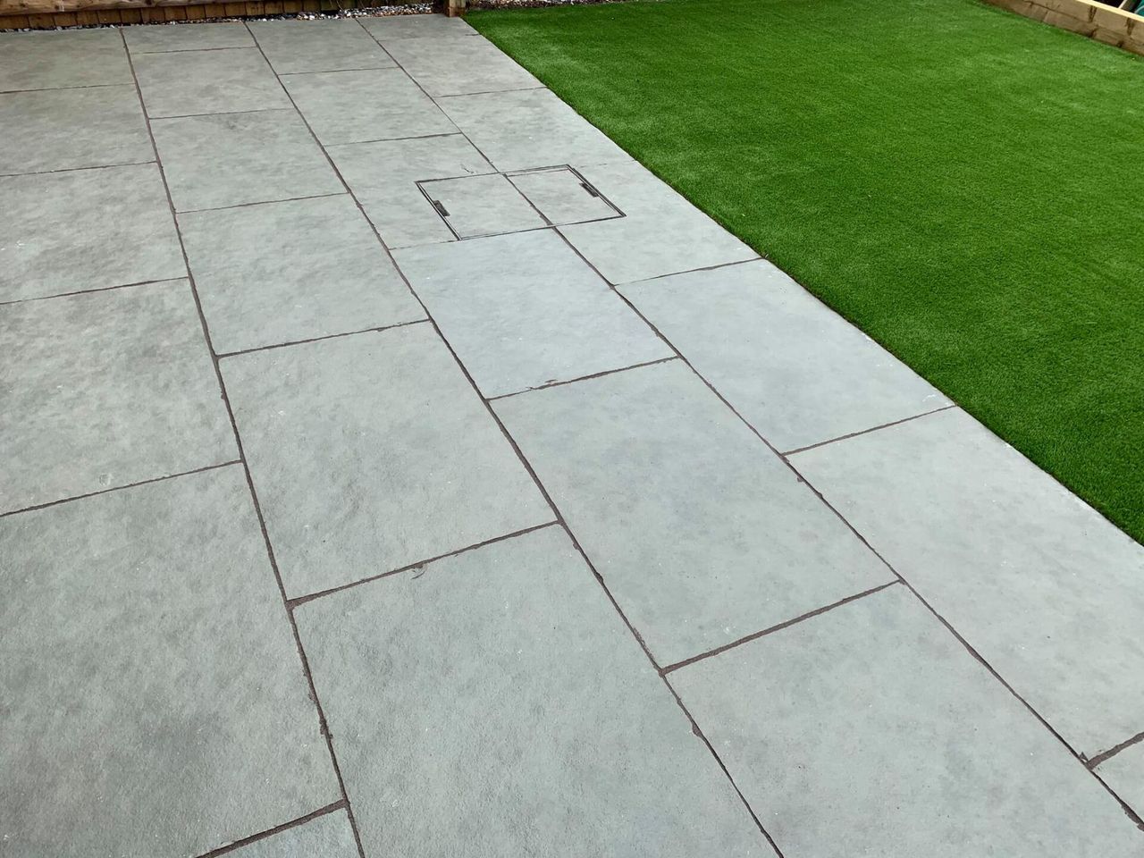 Subtle blue limestone patio