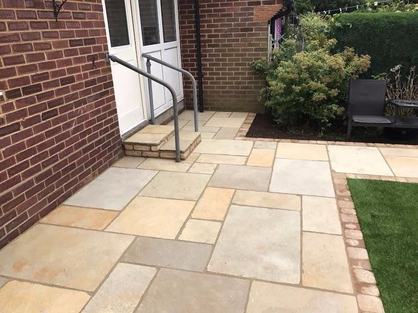 Yellow mixed Indian stone patio and path