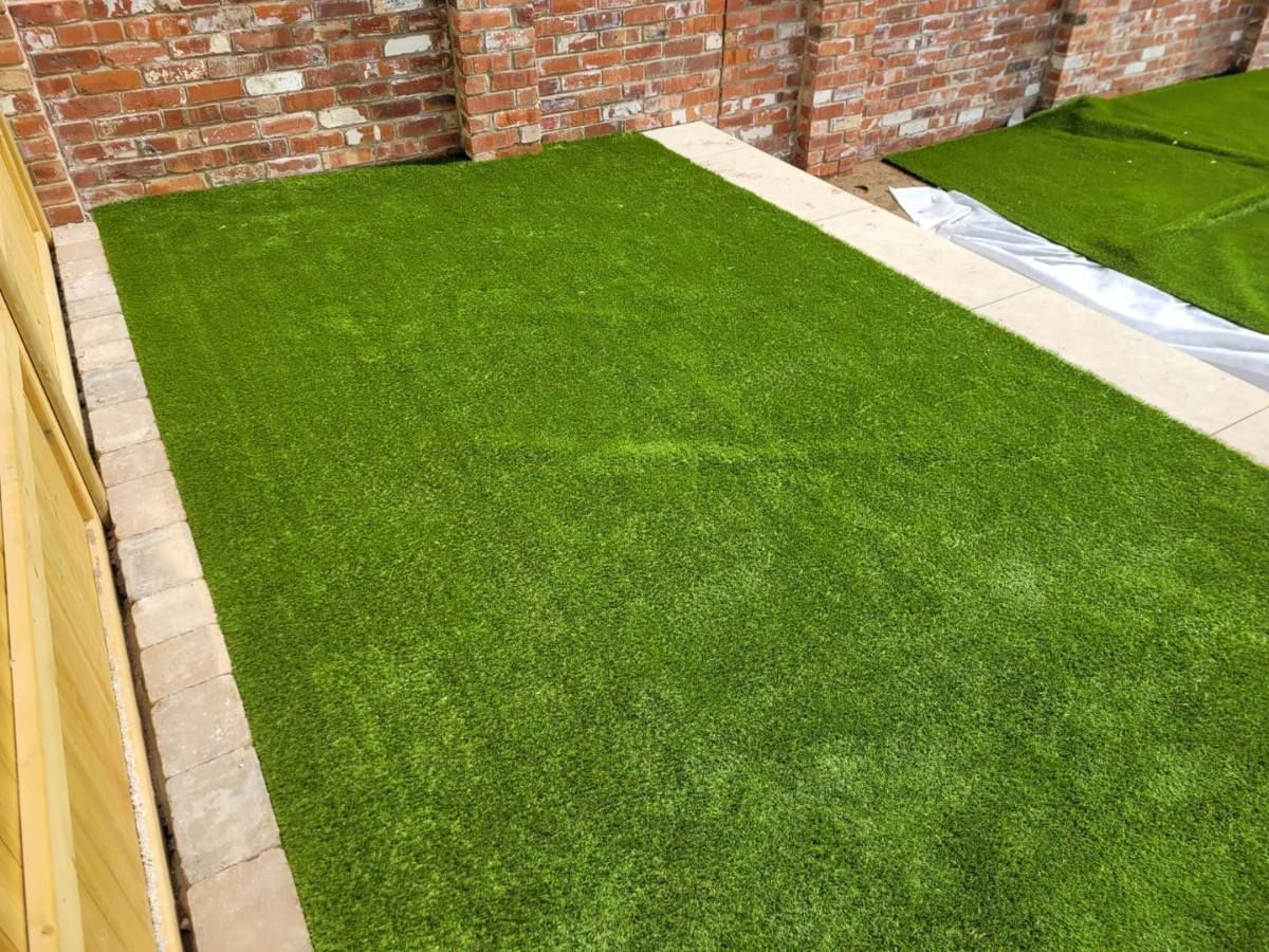 Paving Leeds artificial grass installation in Leeds with sleeper edging