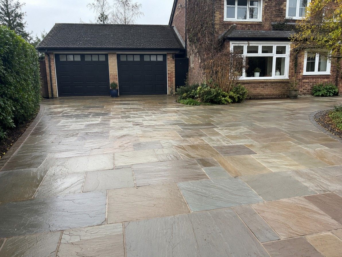 Indian sandstone driveway completed for a detached property in Alwoodley