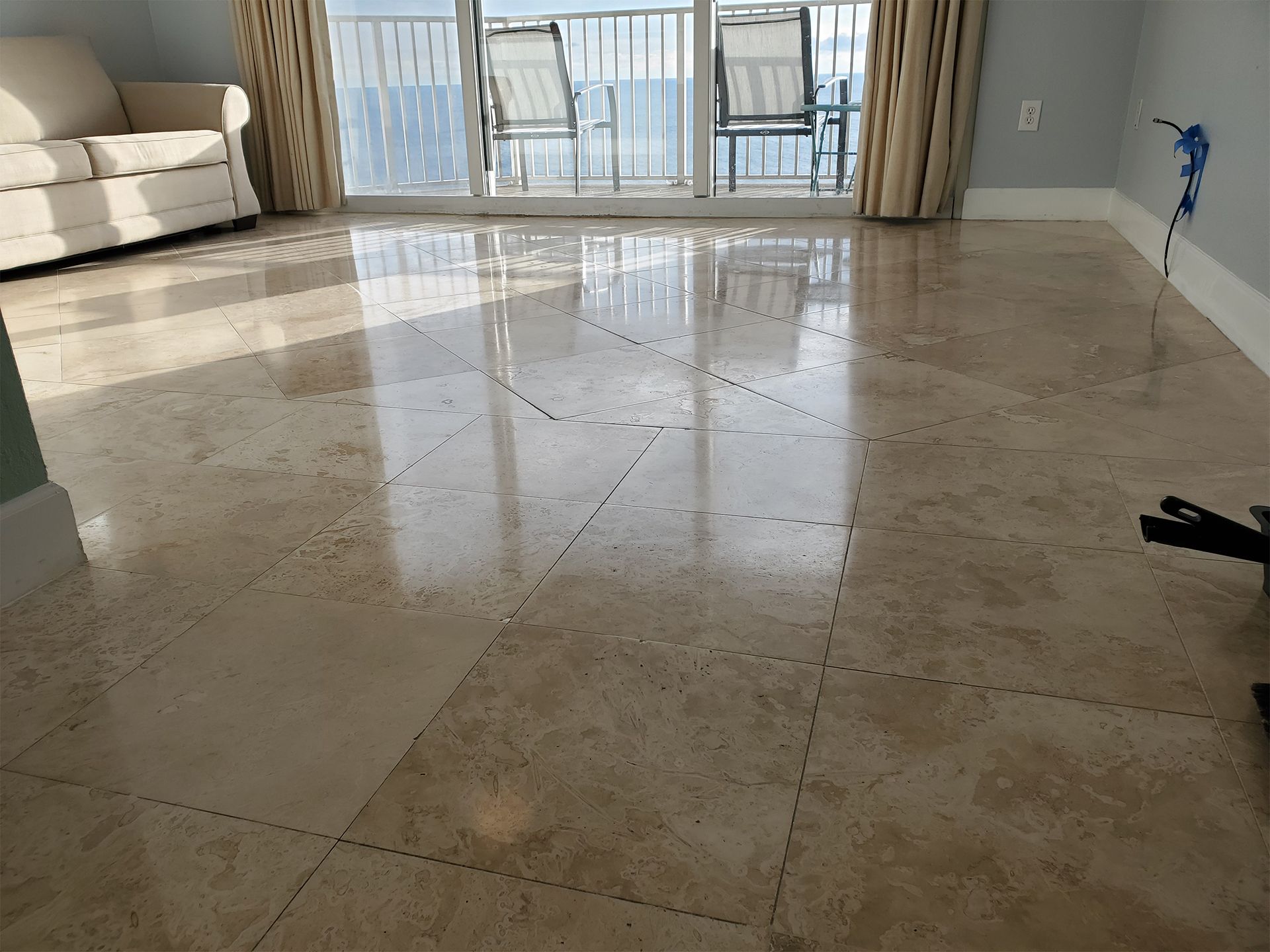 Travertine floor tiles with smooth polished surface