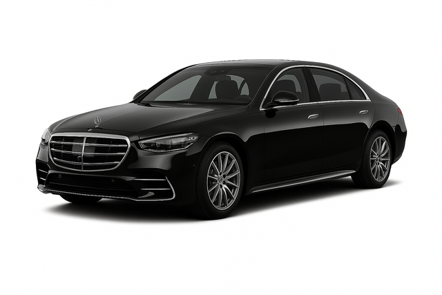 Black Mercedes-Benz S-Class sedan, parked on a white background.