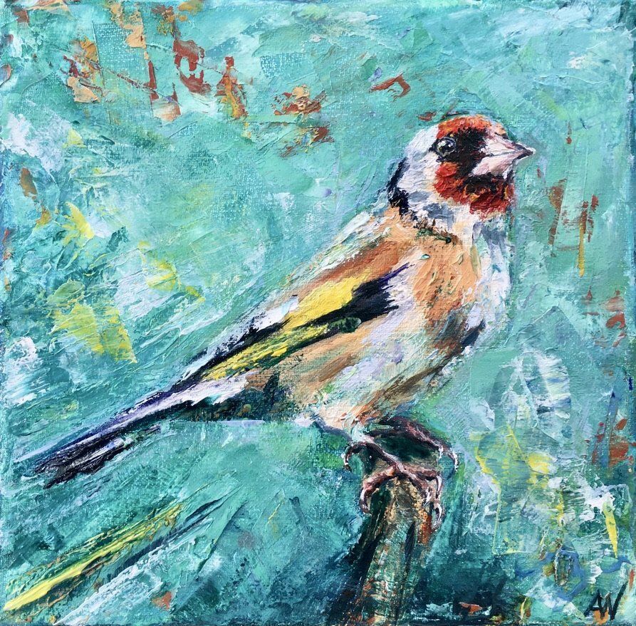 Bird perched on a branch, painted with textured brushstrokes. Turquoise and copper background.