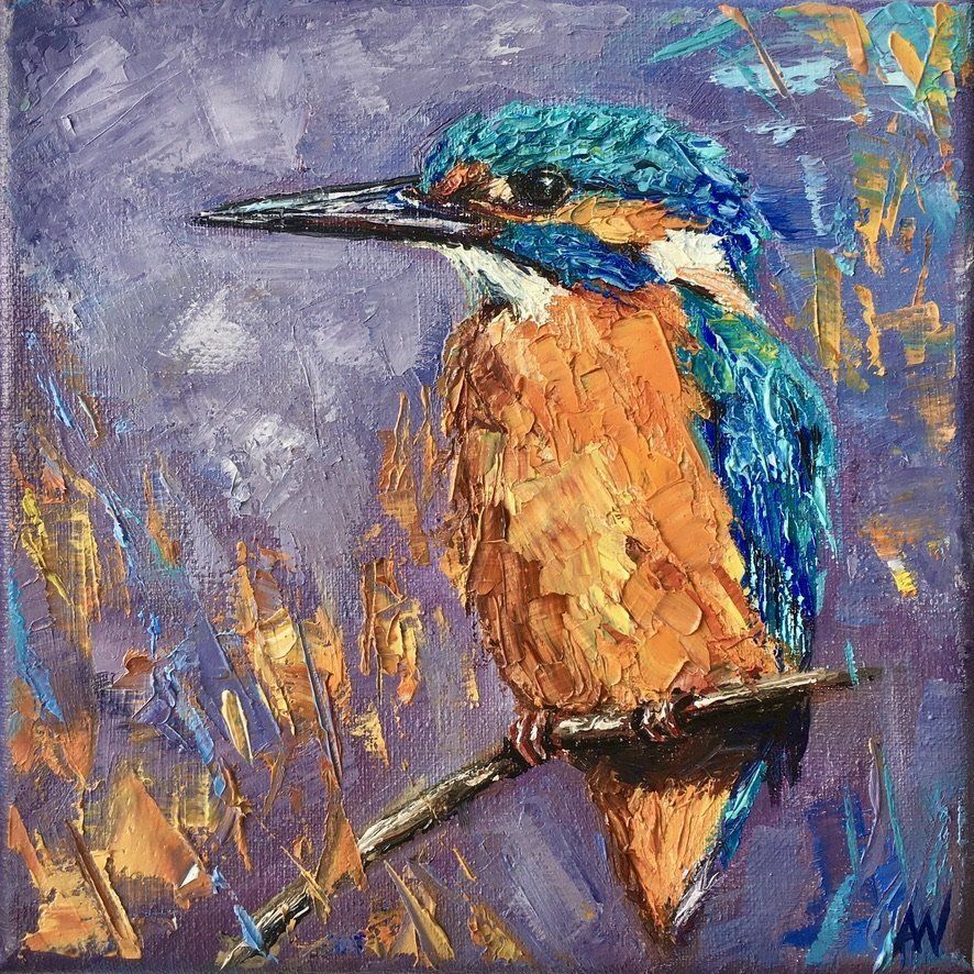 Kingfisher bird perched on a branch, painted with thick orange and blue brushstrokes against a purple background.