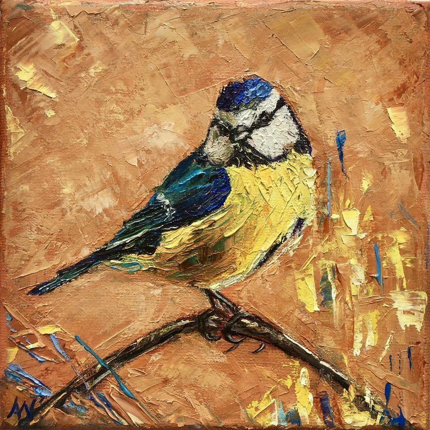 Oil painting of a blue tit perched on a twig, set against a brown background.
