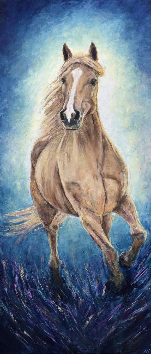 A light brown horse with a white blaze gallops forward, against a blue background, in a field.