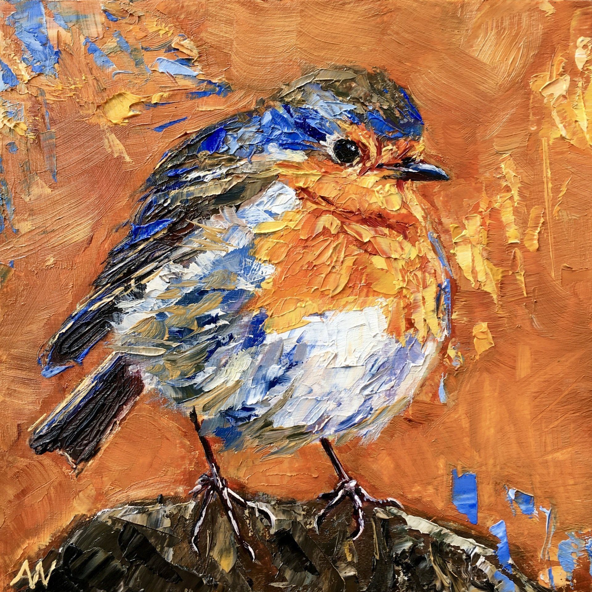 A small, fluffy robin with blue and orange feathers perched on a textured, brown surface.