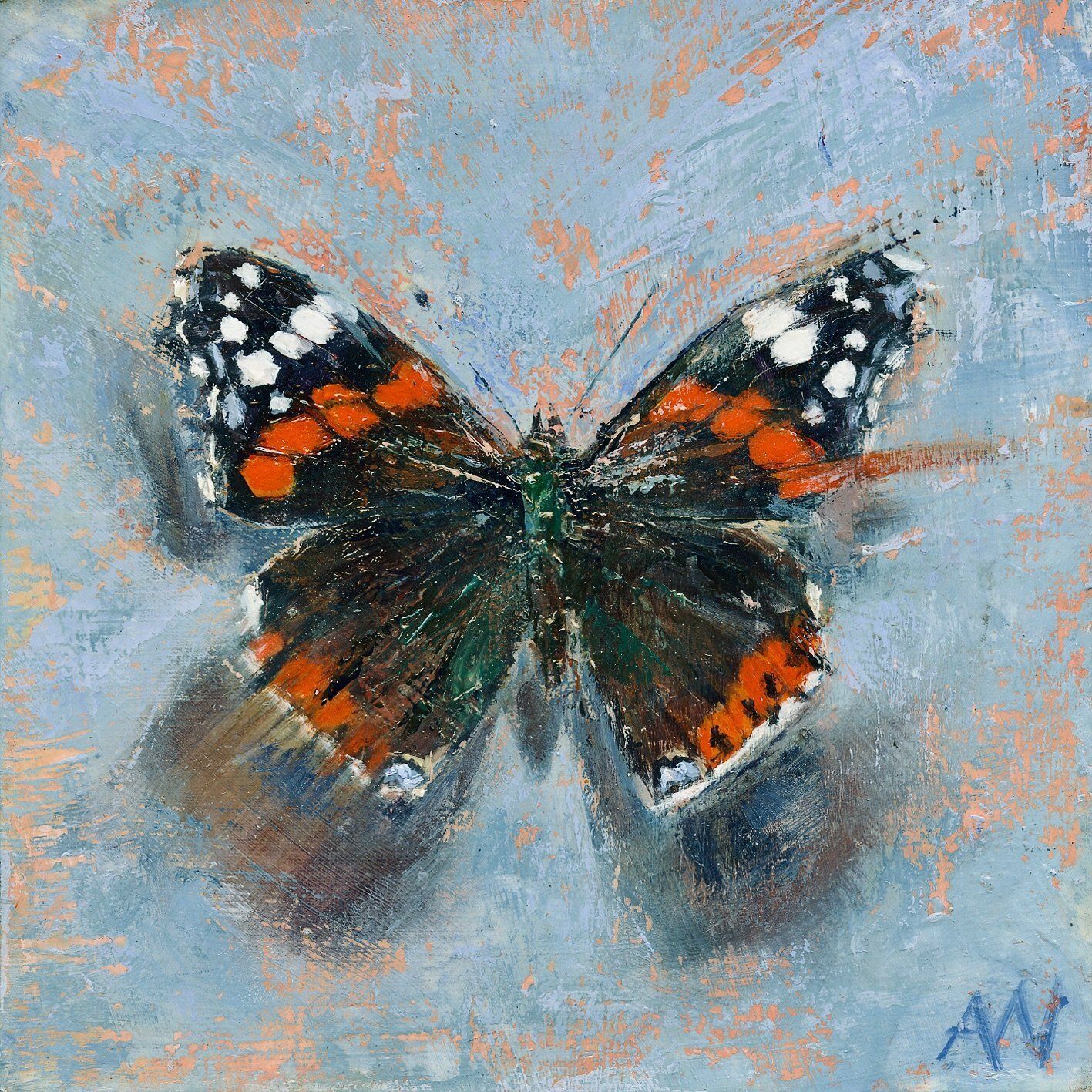 Butterfly with orange, black, and white markings on a blue background; oil painting.