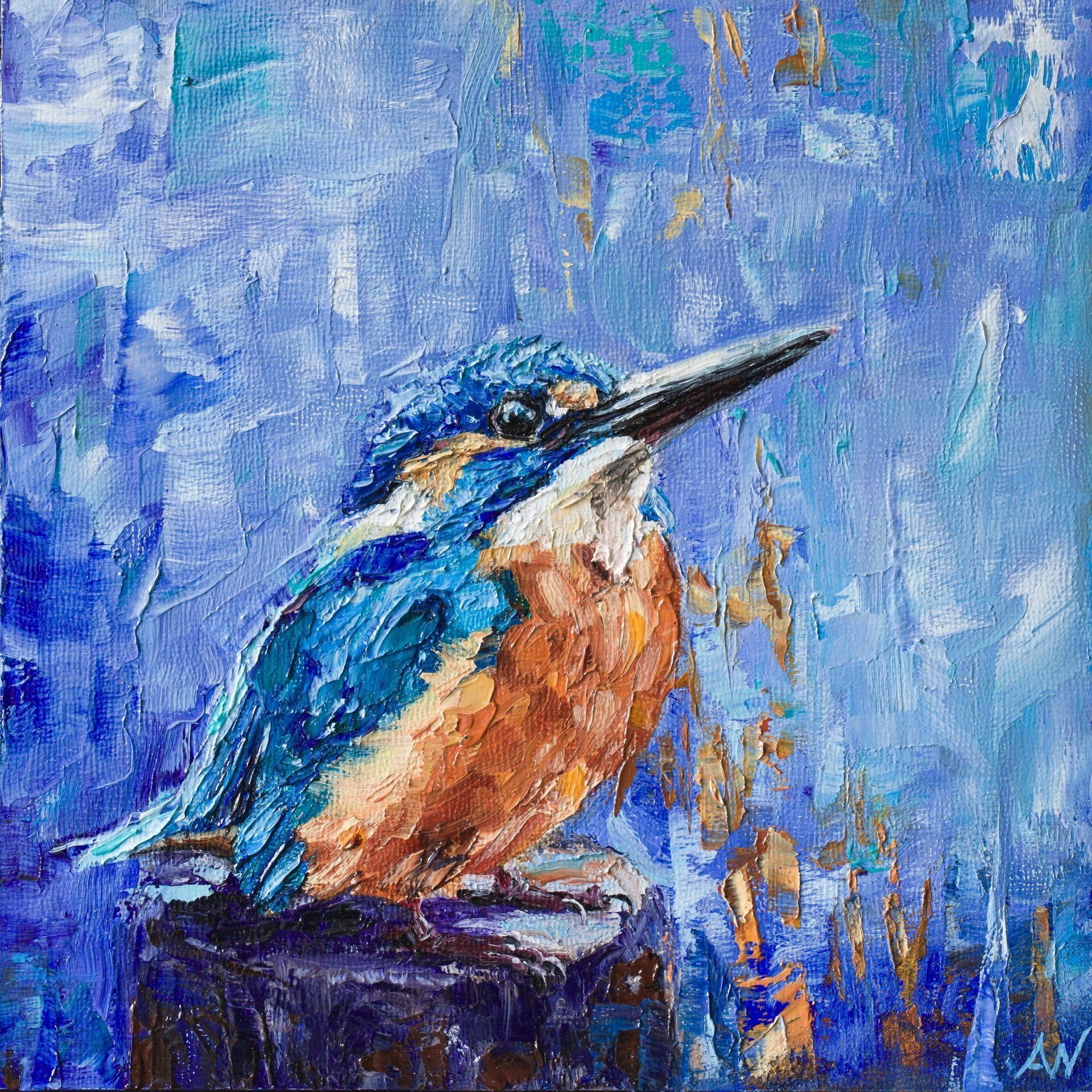 Blue and orange kingfisher perched on a dark post, textured oil painting against a blue backdrop.
