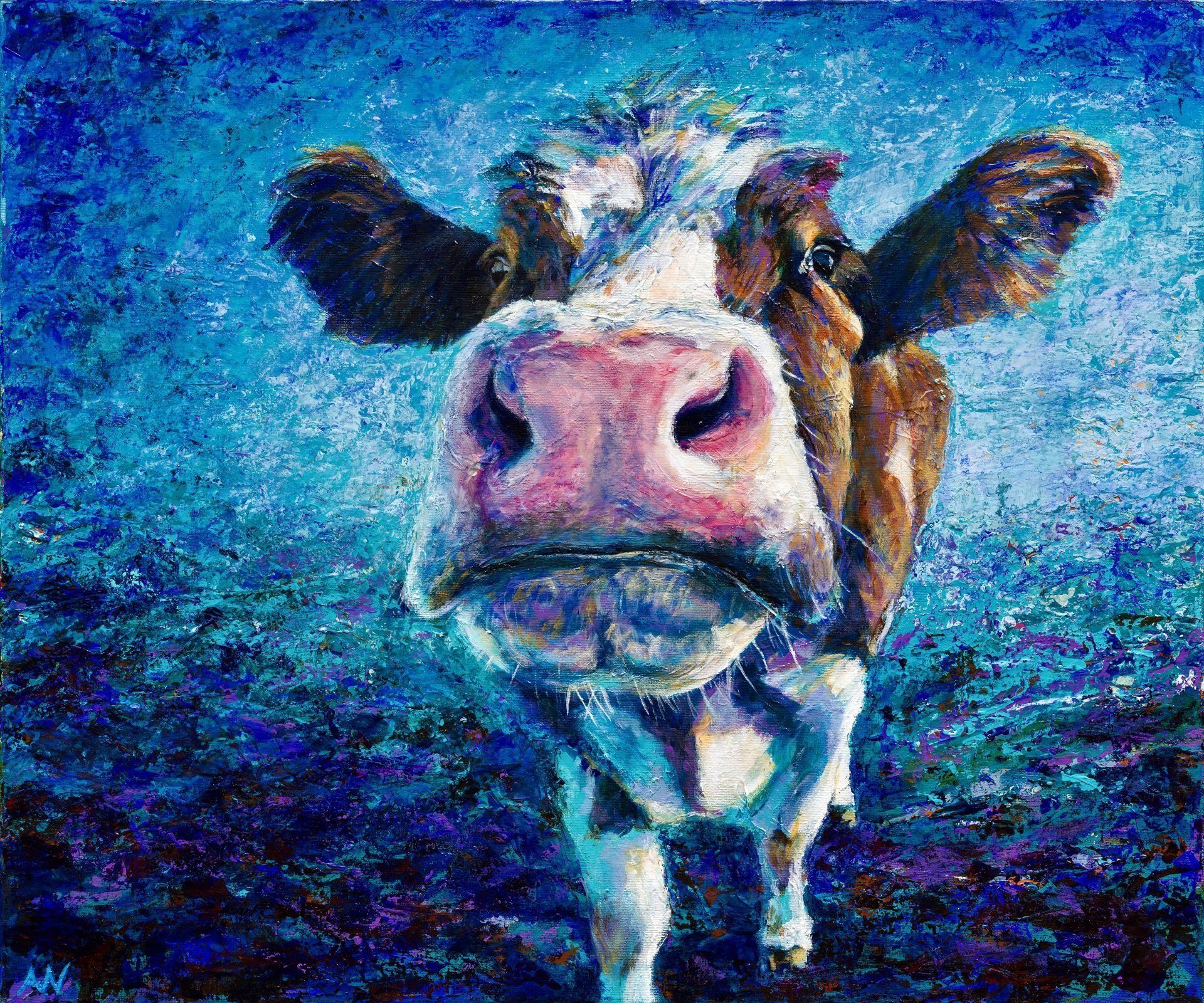 Cow with brown and white fur, looking directly at the viewer with a pink nose, in a blue-toned field.