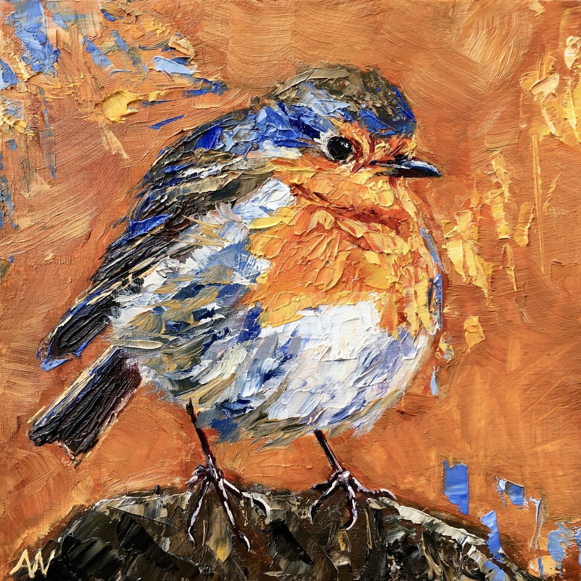 Oil painting of a plump robin with orange breast, blue head, and black beak perched on a rock against a textured orange background.