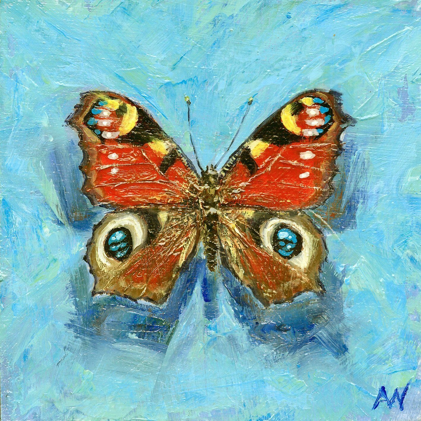 Oil painting of a peacock butterfly on a blue background; wings are red, orange, and black, with blue eye spots.