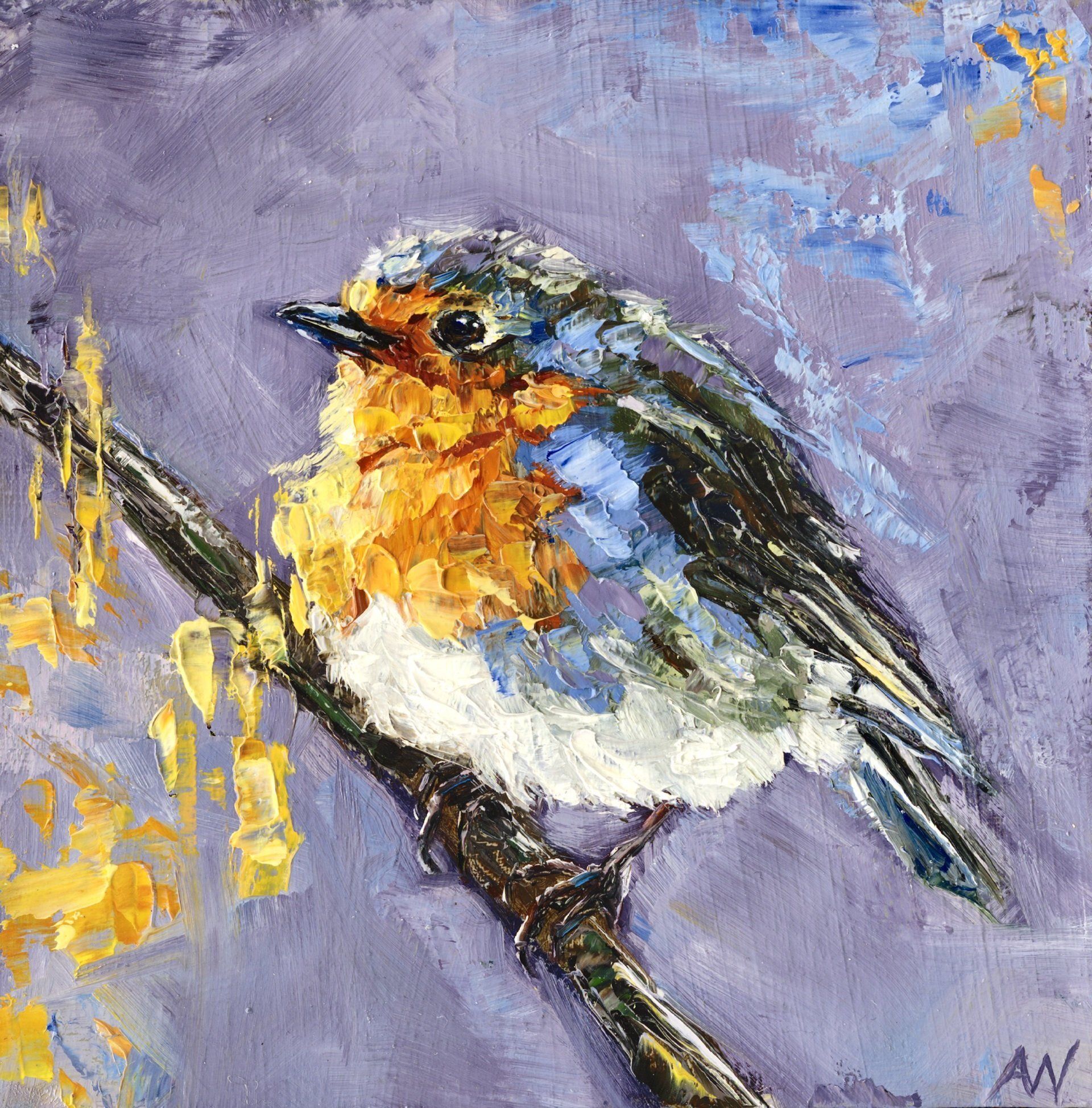 Bird with orange chest and blue wings perched on a branch, against a lavender background.