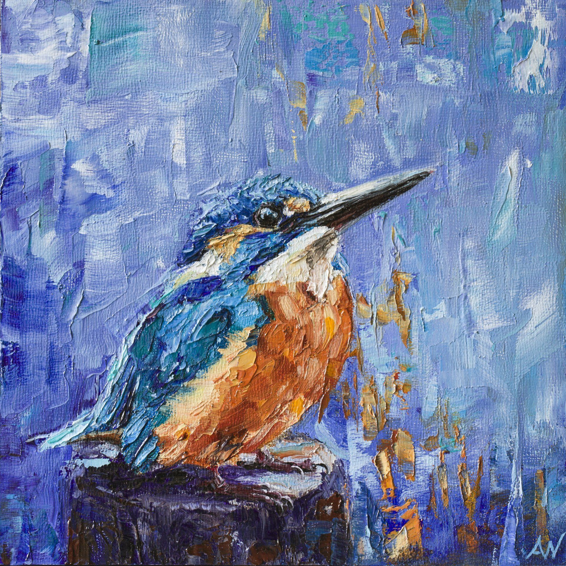 Oil painting of a kingfisher bird with blue, orange, and brown hues perched on a post.