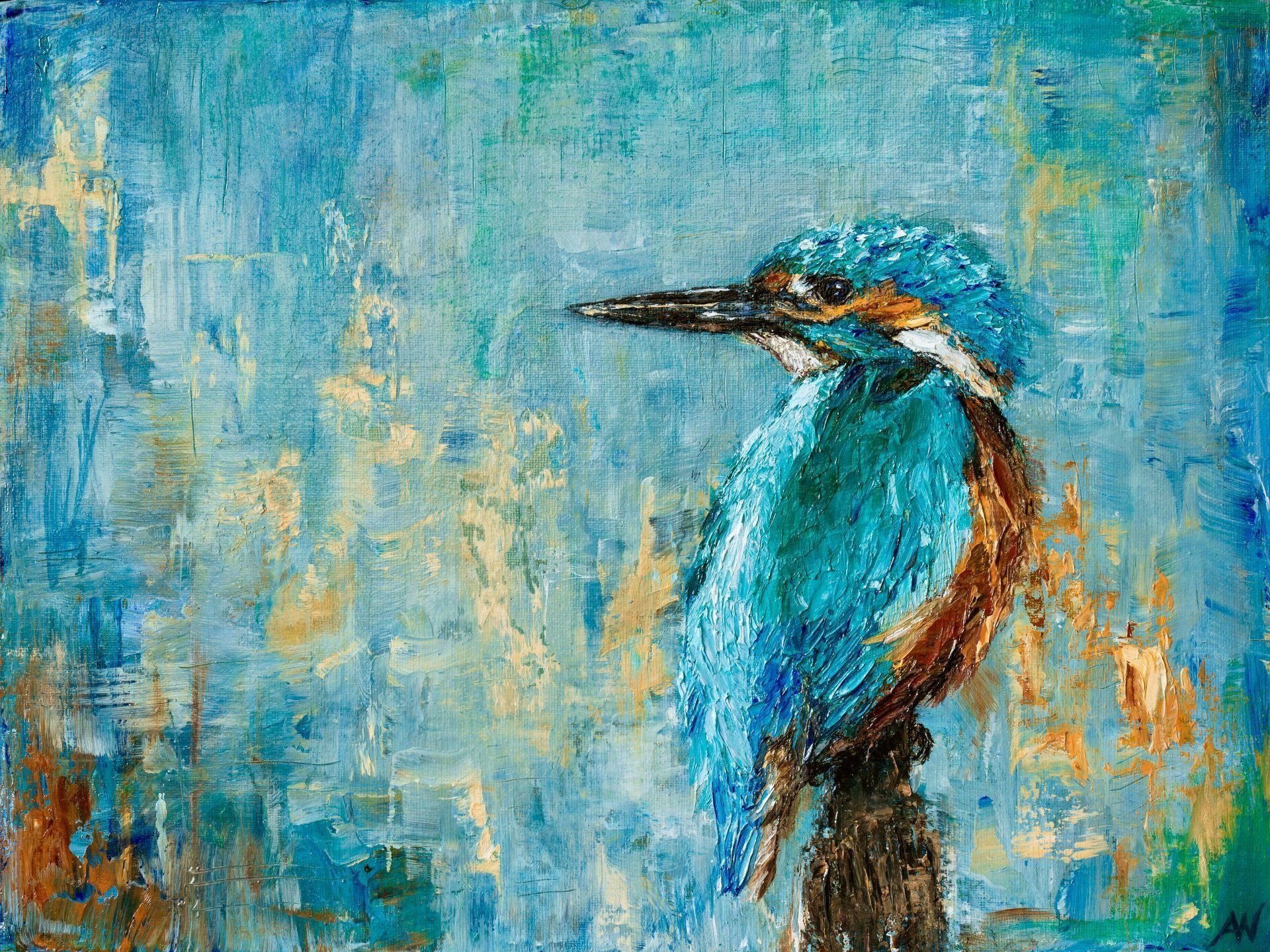 Kingfisher bird in shades of blue and brown, perched on a branch, against a textured blue and gold background.