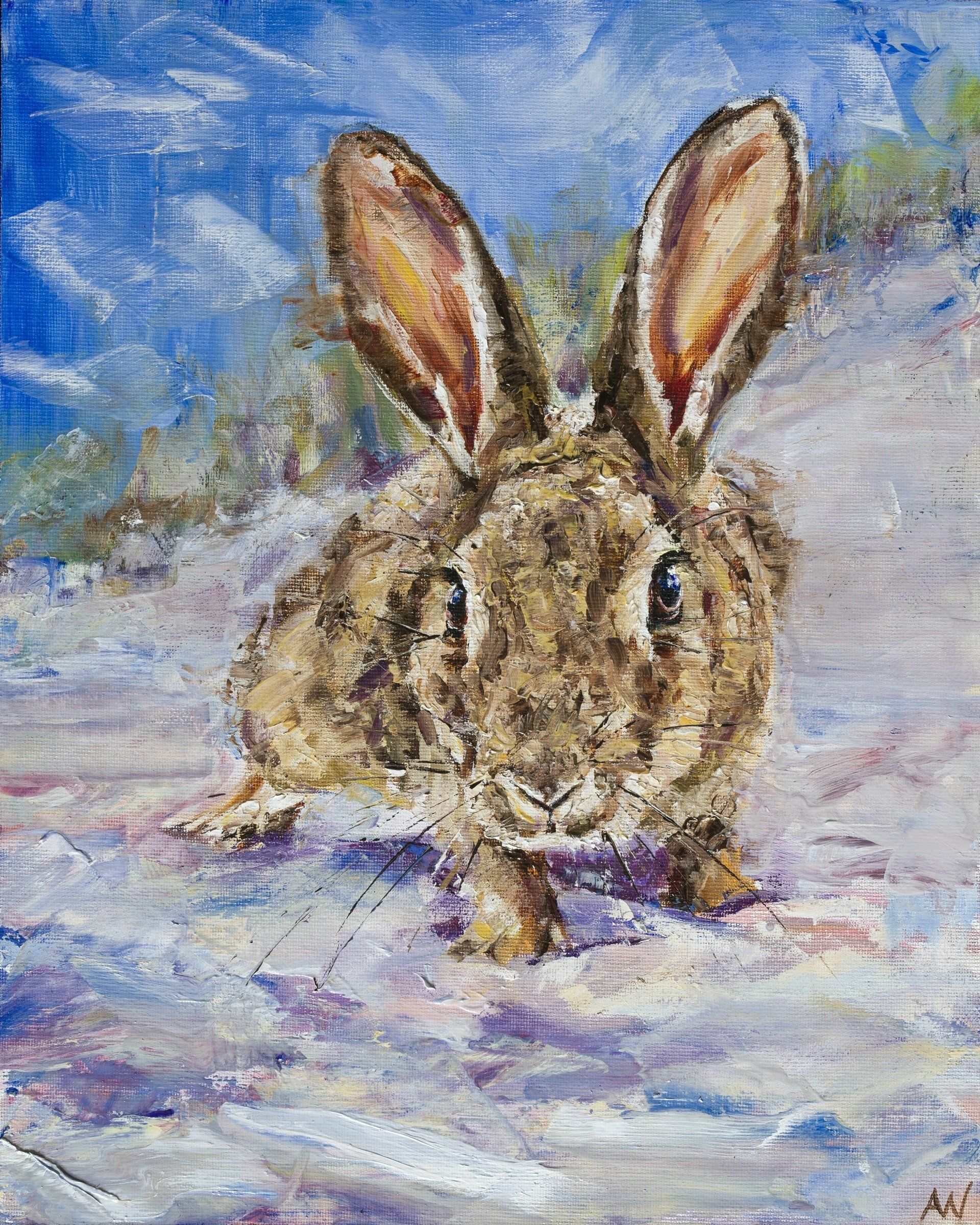 Brown rabbit in snow, ears perked up, against a blue and white painted background.
