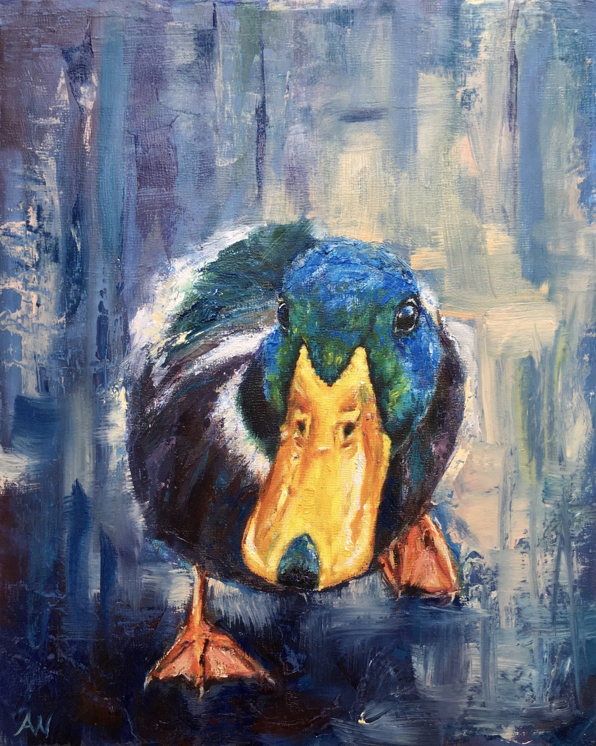 Mallard duck with blue-green head, yellow beak, and orange feet, stands in a blue, painterly setting.