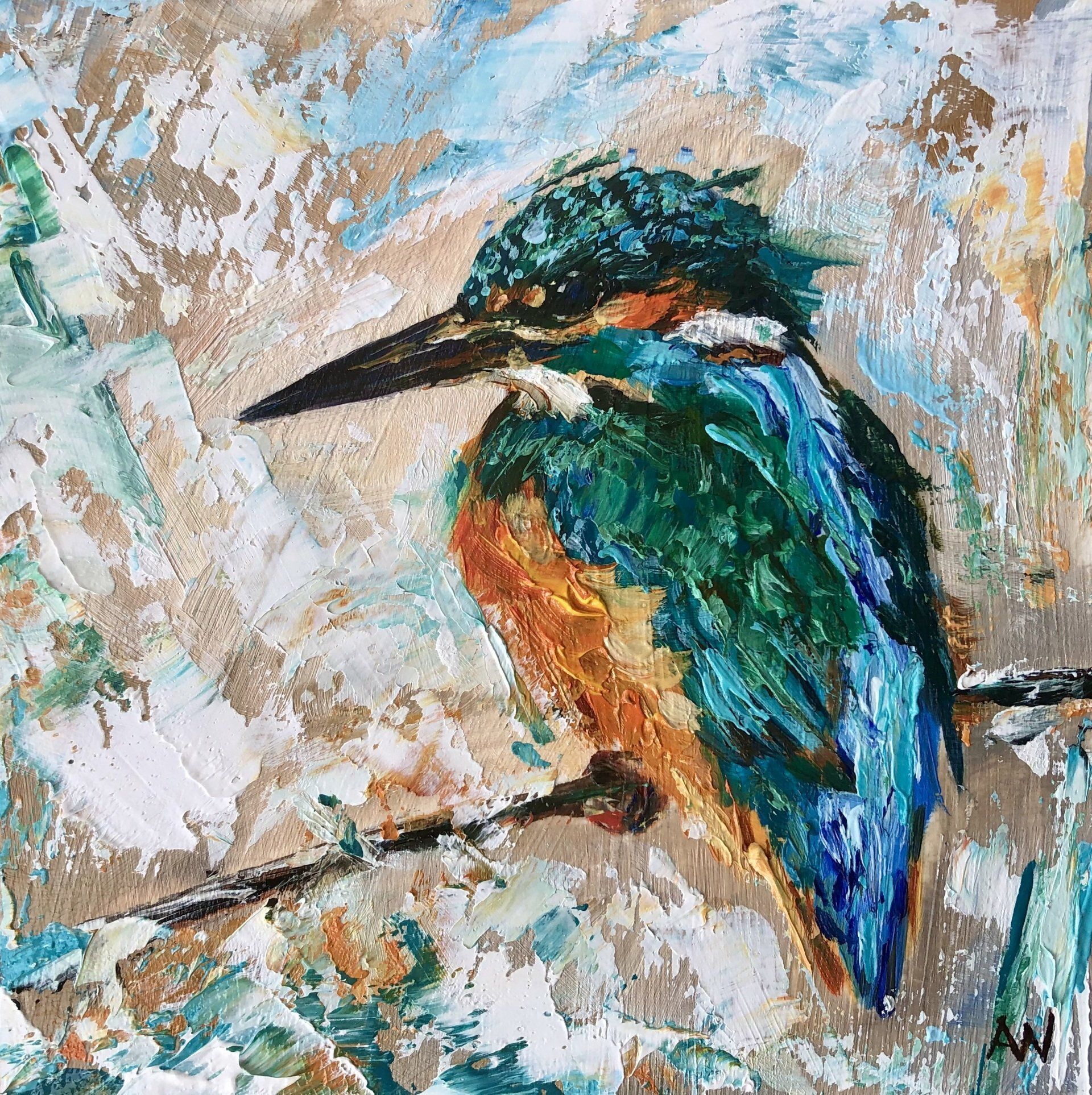 Oil painting of a kingfisher bird with blue, green, and orange feathers perched on a thin branch.