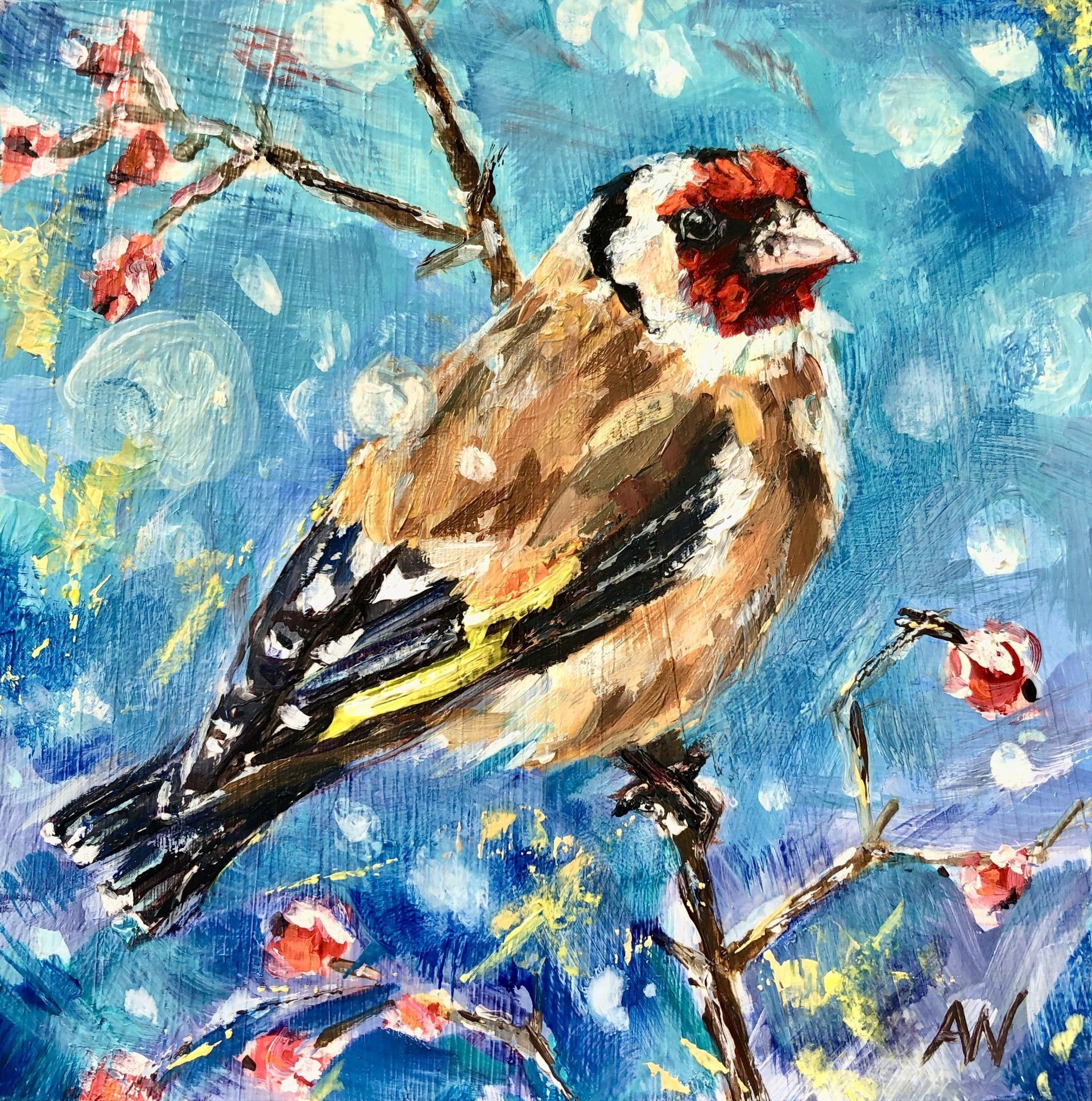 Goldfinch perched on branch with red berries, against a blue background, painted in oil.