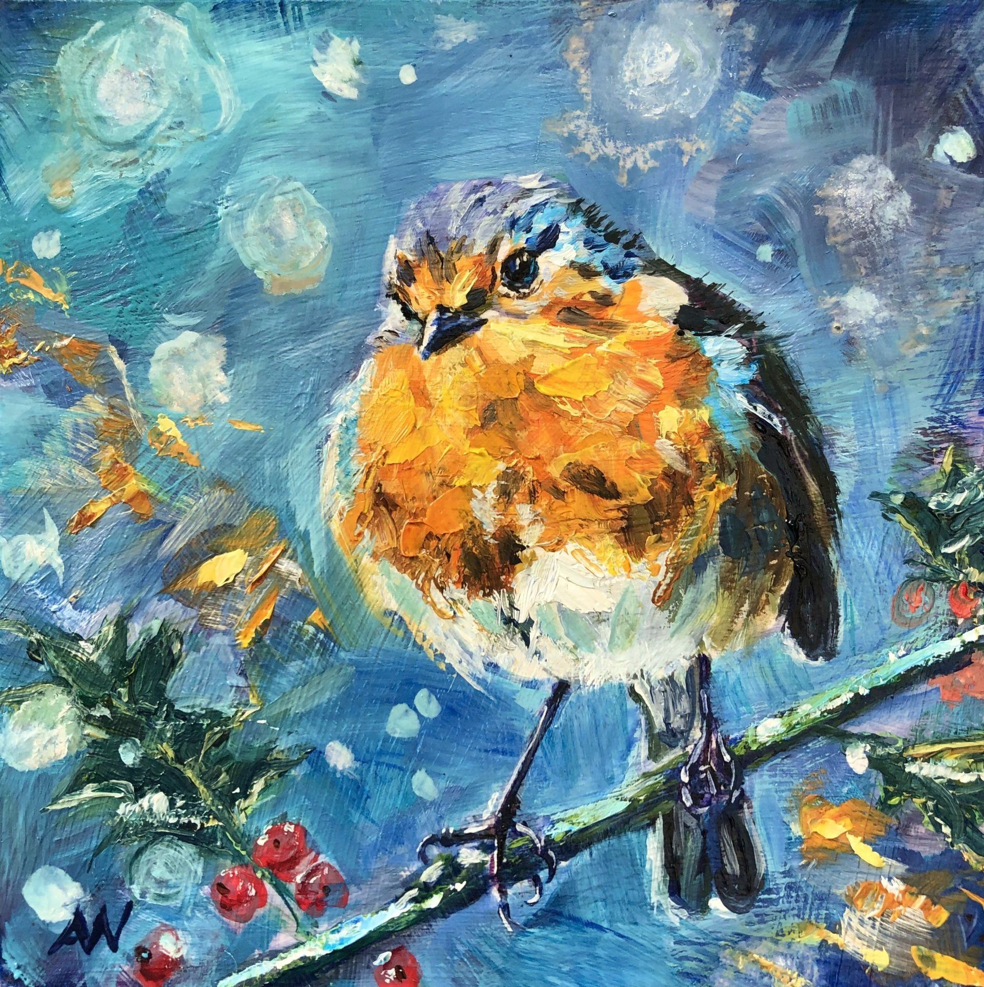 A small robin with an orange breast sits on a snow-covered branch with holly and berries. Blue snowy background.