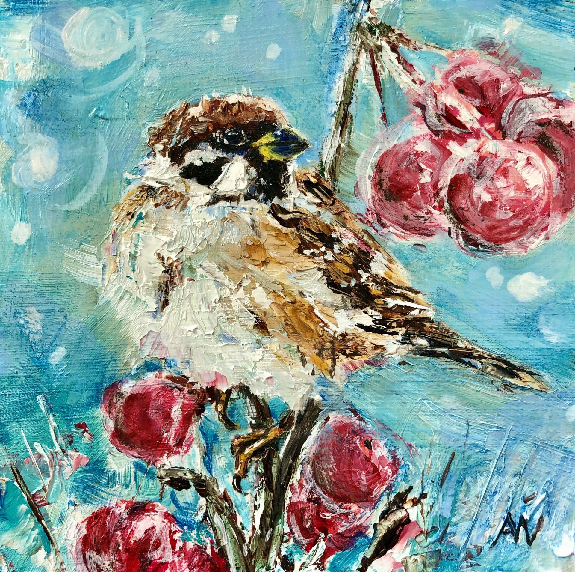 Sparrow perched on a branch with red berries, against a blue background, oil painting.