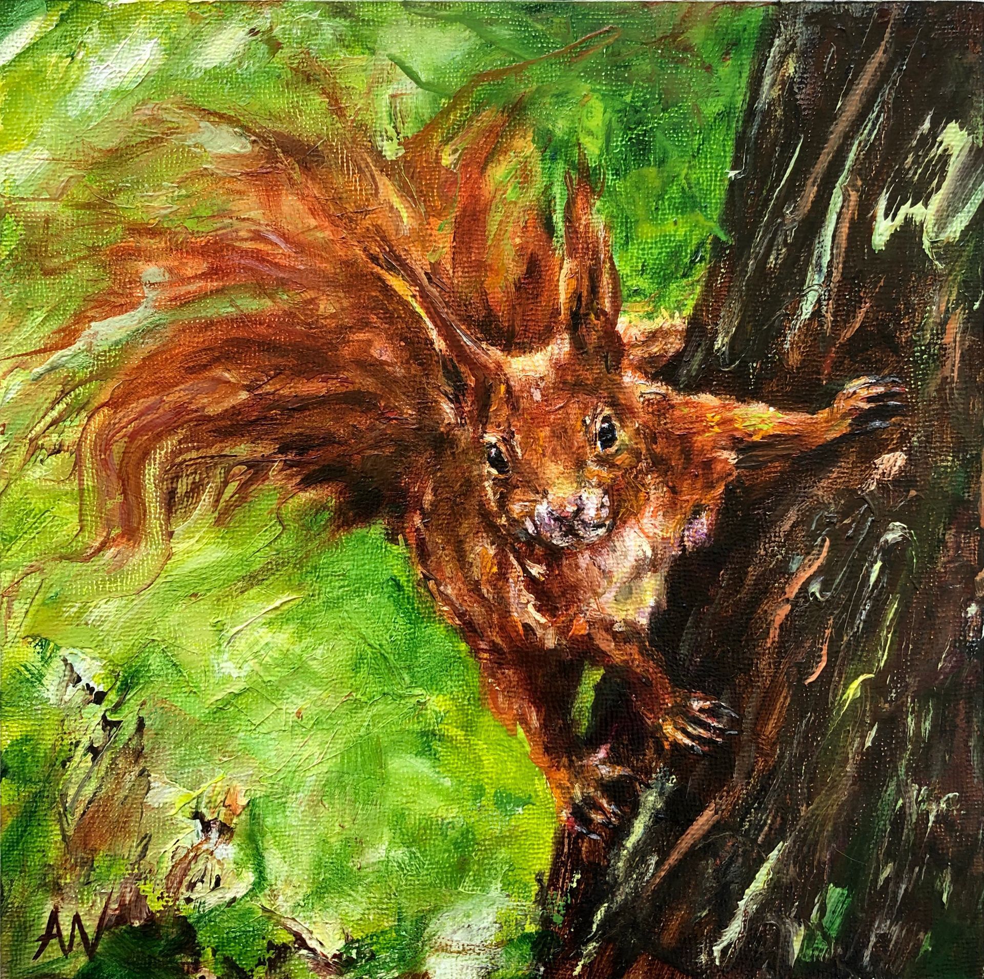 Red squirrel clinging to a tree, fur blowing in the wind, with green foliage background.
