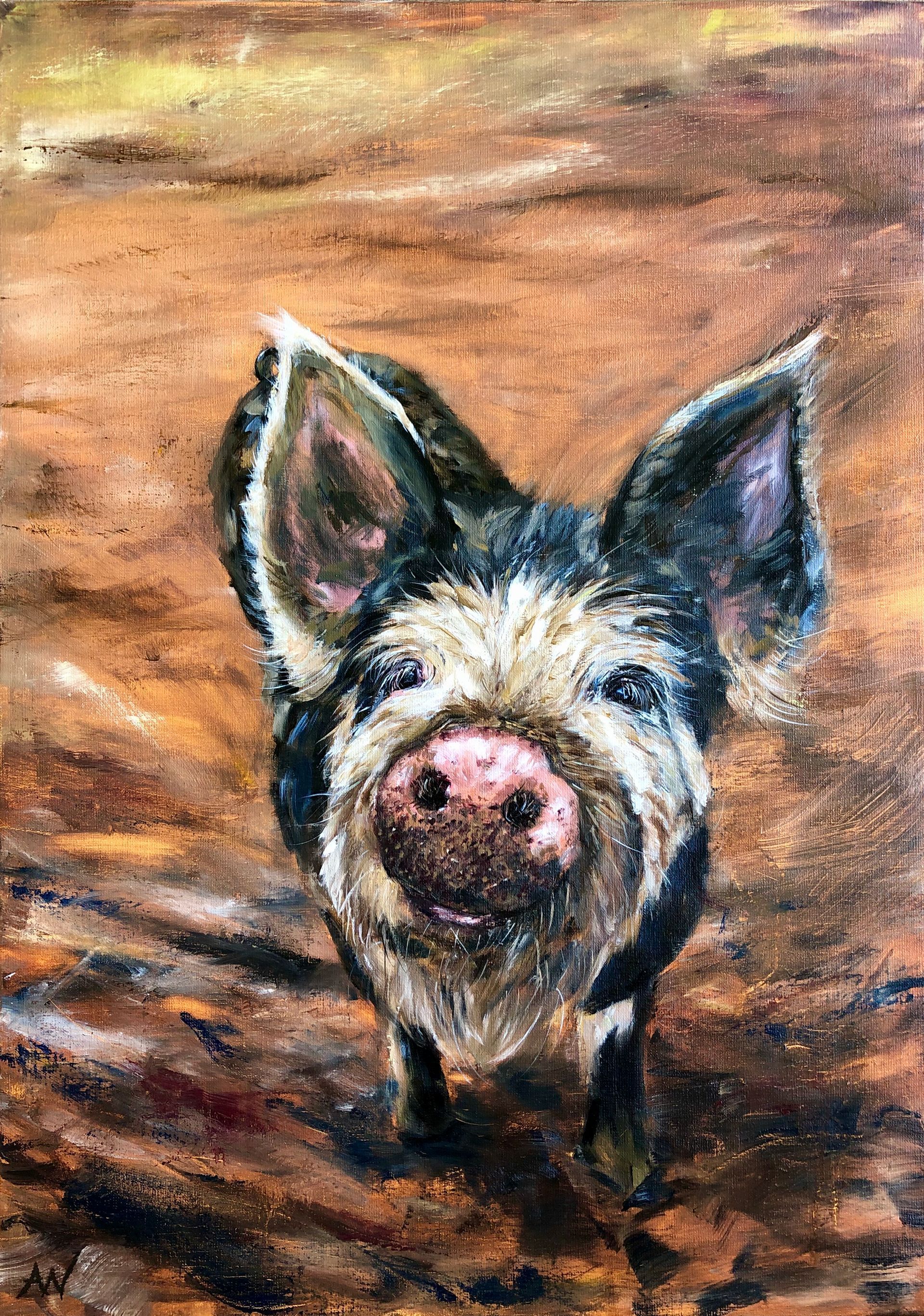 Black piglet with pink snout and ears, in a painterly style, standing on brown and tan background.