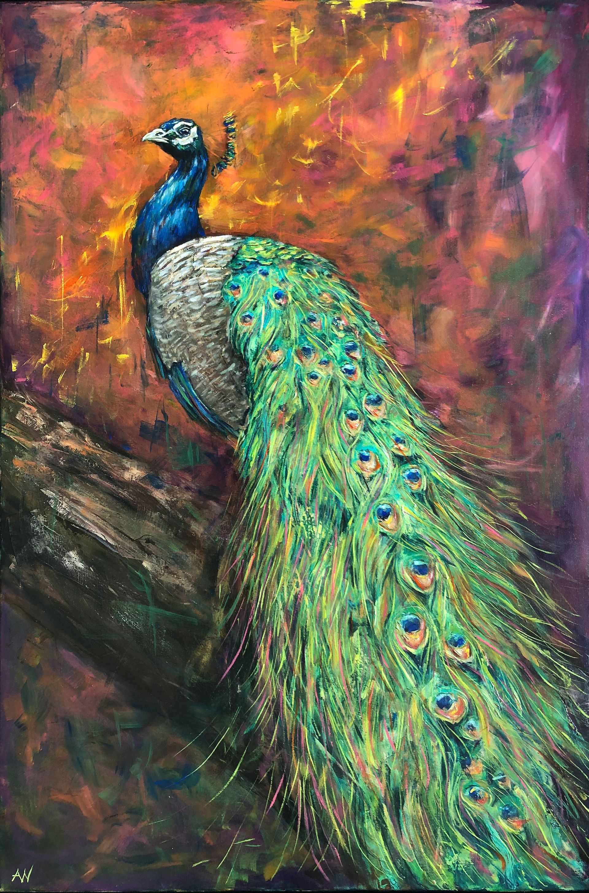 Peacock on a branch, vibrant green and blue feathers, against a colorful, blurred background.