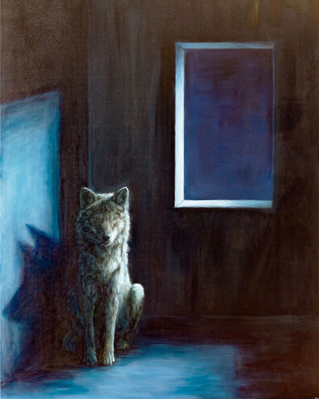 Wolf sits in a dimly lit room, facing the viewer. A window and open door cast blue light.