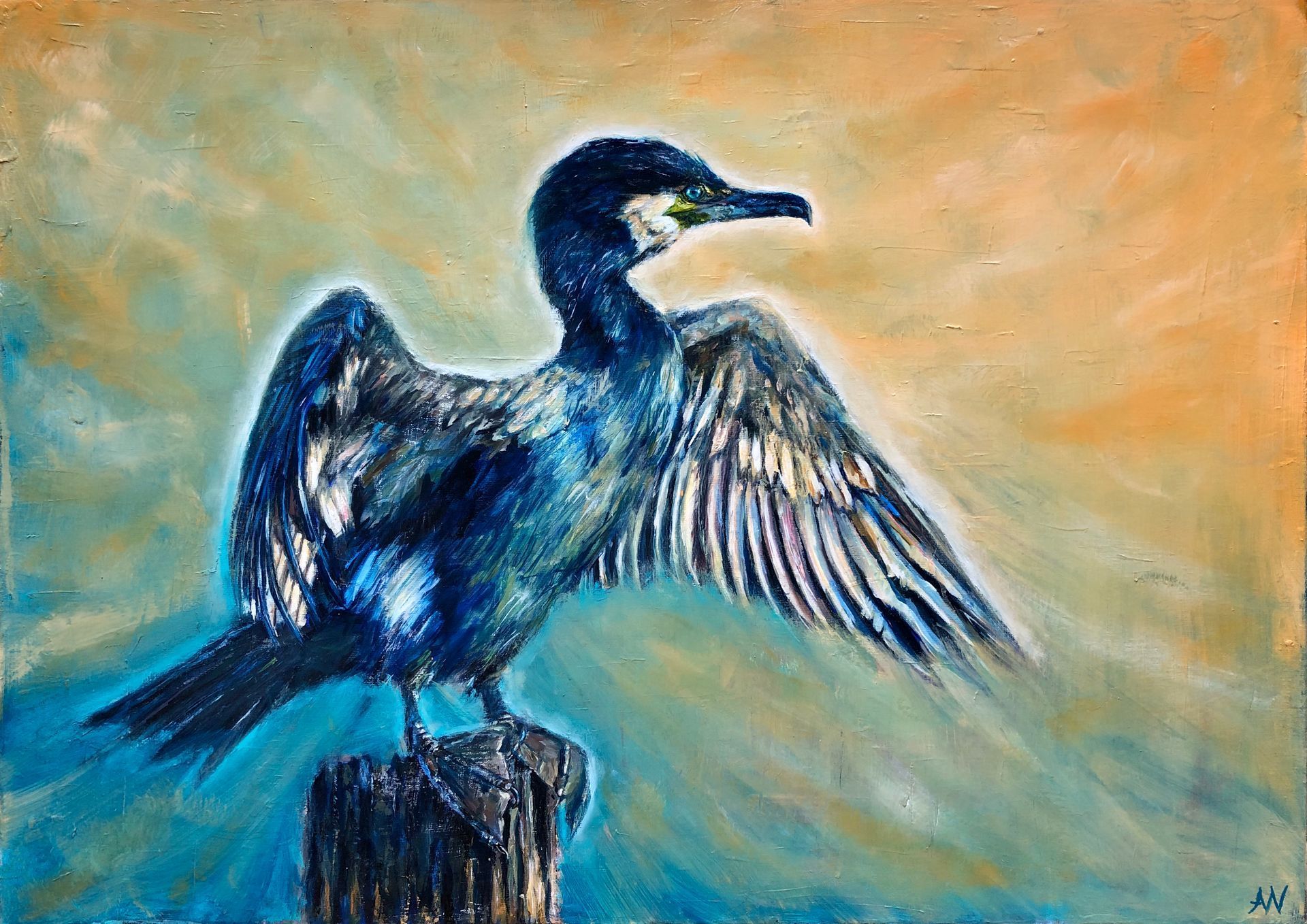 Cormorant perched on a wooden post with outstretched wings, against a blue and orange background.