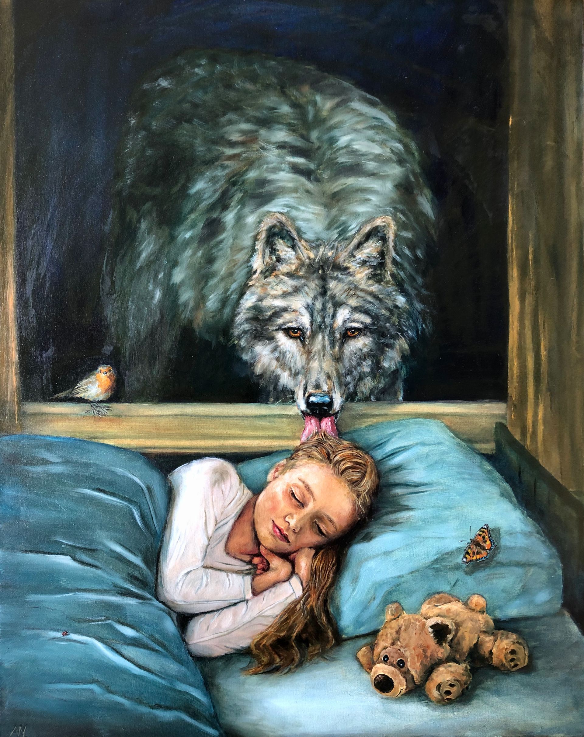 A sleeping child in bed has a wolf licking their head. A bird and teddy bear are near. Dark background.