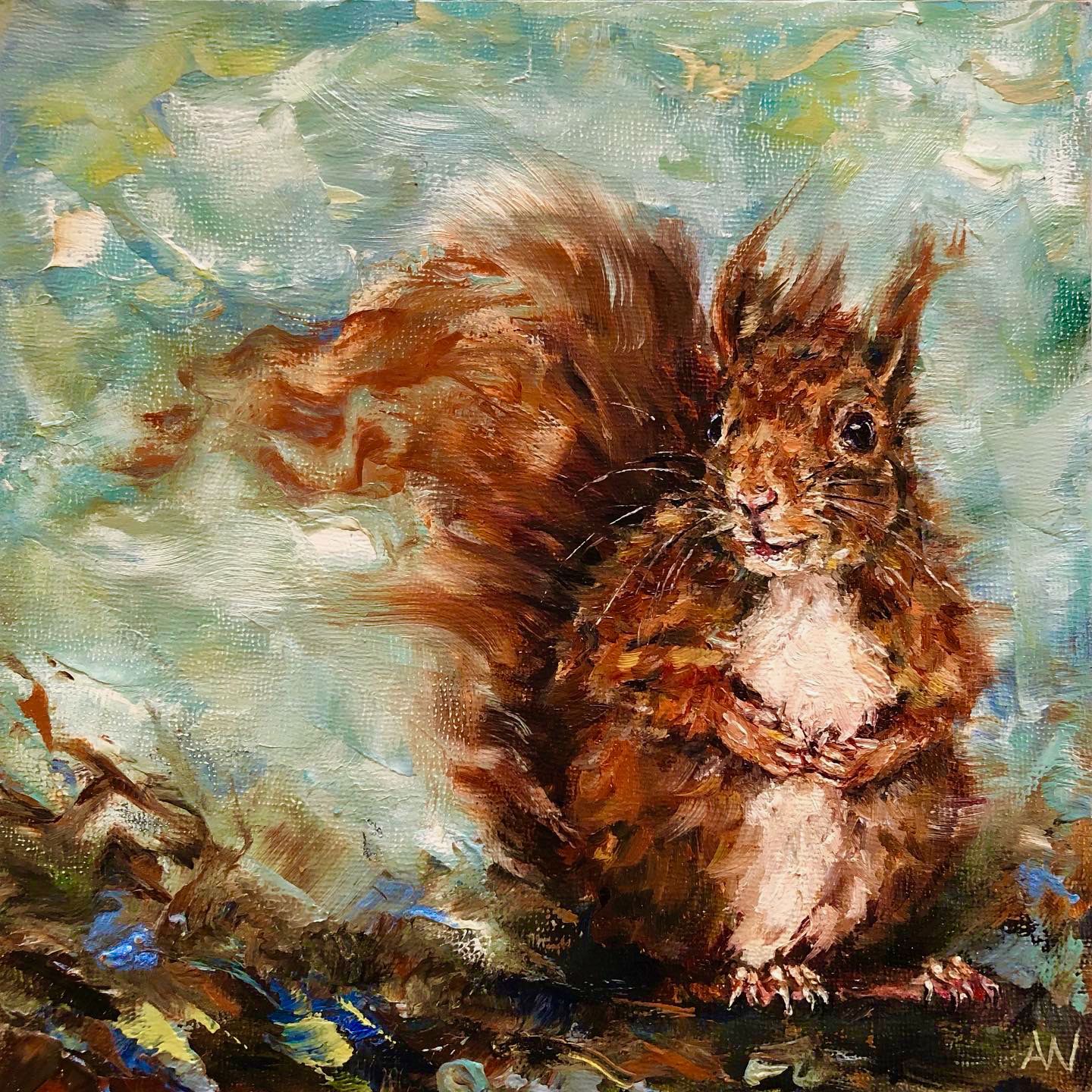 Brown squirrel with fluffy tail and paws clasped, set against a blurred green and brown background.