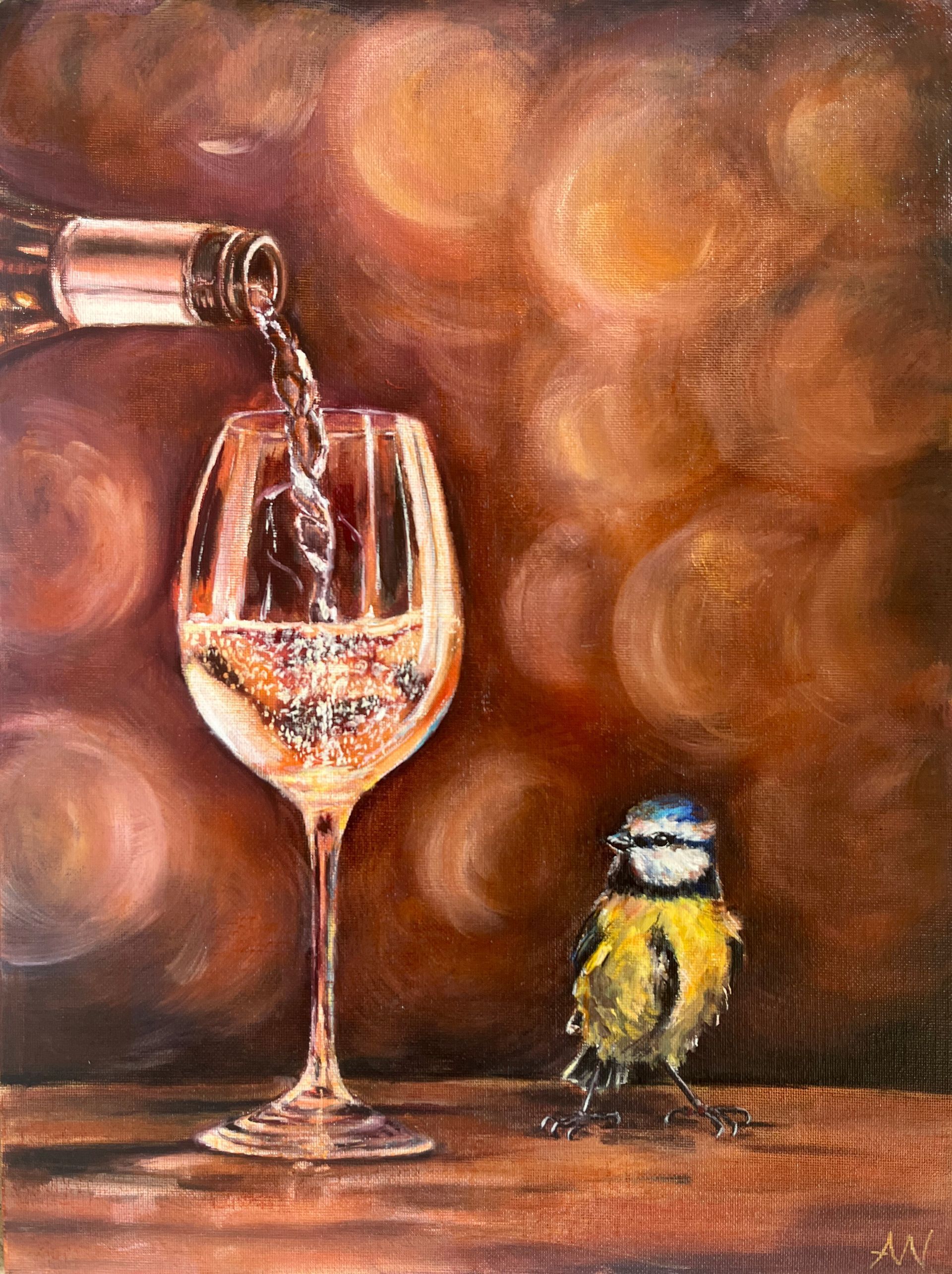 Wine being poured into a glass, small bird looking on, set against a blurred, golden background.