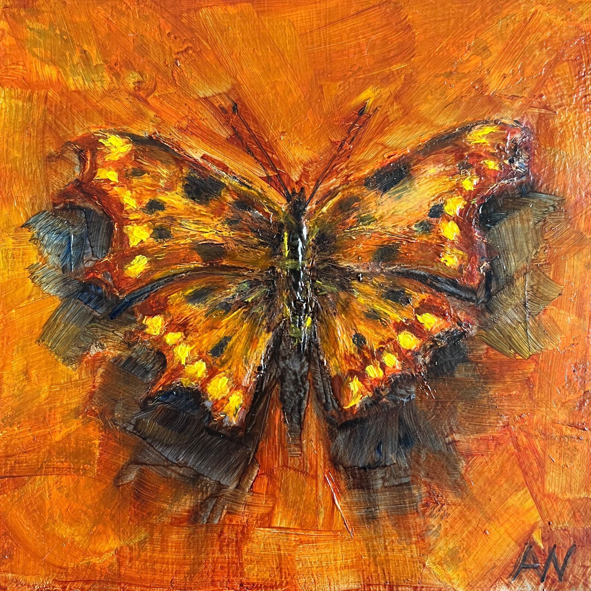 Orange and black butterfly with textured, visible brushstrokes on orange background.