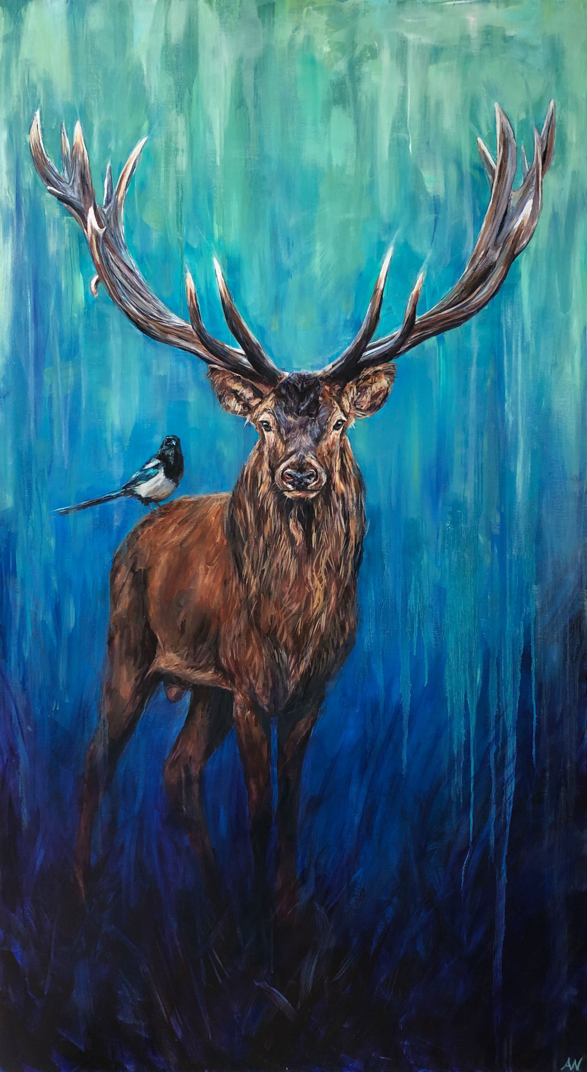 Red deer with large antlers, a magpie perched on its back, in a blue and teal landscape.