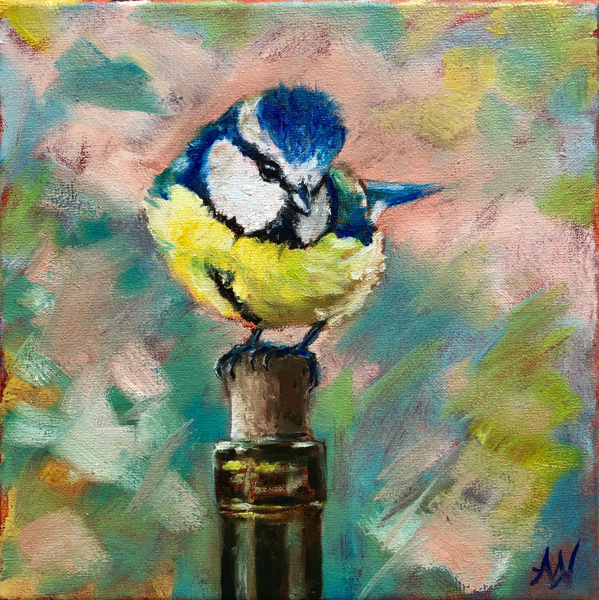 Blue tit bird perched atop a cork on a bottle, soft-focus background with brushstrokes of color.