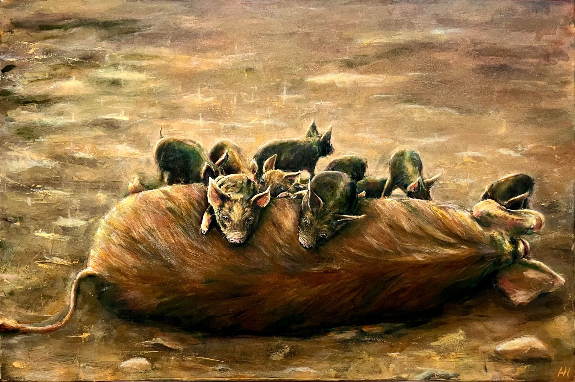 Several small, dark animals atop a large, brown, rodent-like creature on a dull brown field.