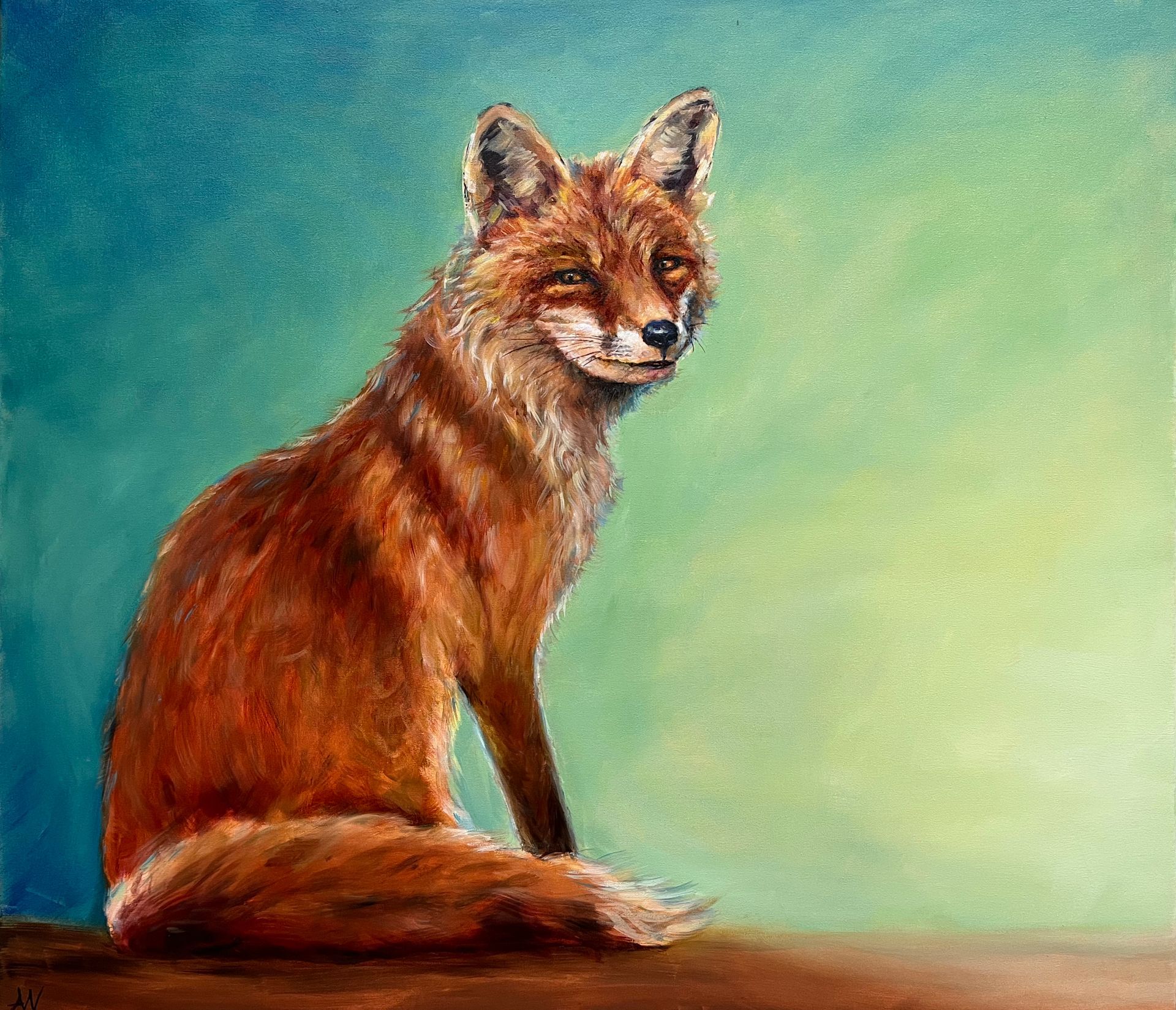 A red fox sits and gazes towards the right, against a blue-green gradient background.
