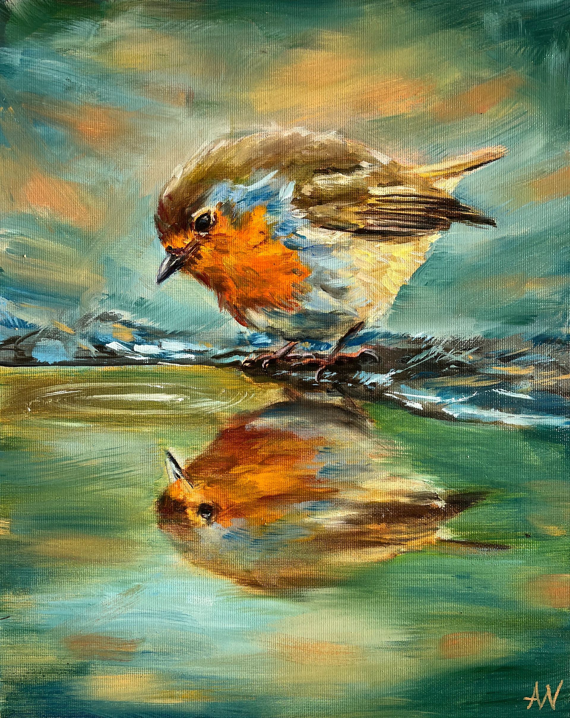 Robin with orange breast reflected in water, painted with brushstrokes.